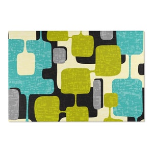 Lime & Teal Abstract Atomic Age Retro Area Rug for Living Room, Bedroom, Kitchen Decor | Aqua Blue, Green, Black Mid Century Modern