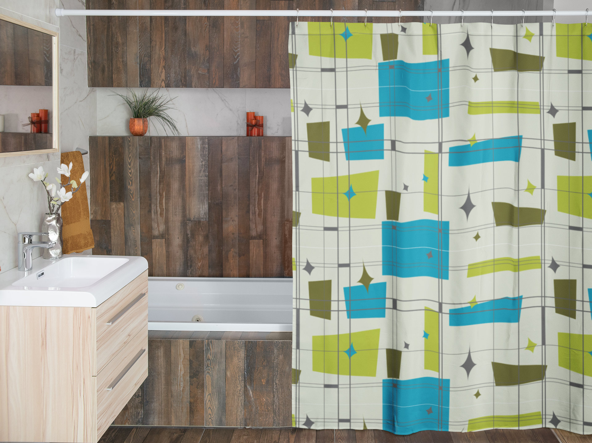 Teal & Green Mid Century Geometric Abstract Shower Curtain Etsy