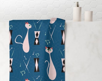 Pink Atomic Cats on Blue Abstract Background Mid Century Modern Polyester & Absorbent Cotton 30x60 Bath Towel for 50s 60s Bathroom Decor
