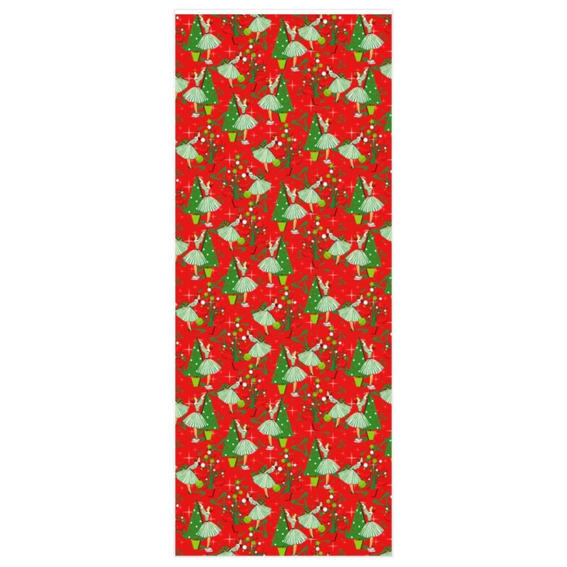 Atomic Holiday Tree Decorating with Starbursts on Red Mid Century Modern Square Christmas Wrapping Paper. 1950s 60s Xmas Decor image 3