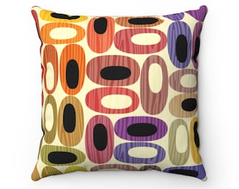 Multicolor Abstract Ovals Square Retro Throw Pillow | Couch Cushion, Mid Century Modern, Housewarming Gift, Apartment Décor, 1950s, 1960s