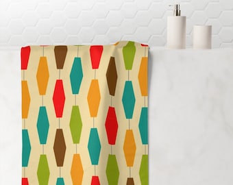 Teal, Mustard, Brown, Orange Lanterns Mid Century Modern Polyester & Absorbent Cotton 30x60 Bath Towel for 50s 60s Atomic Age Bathroom Decor