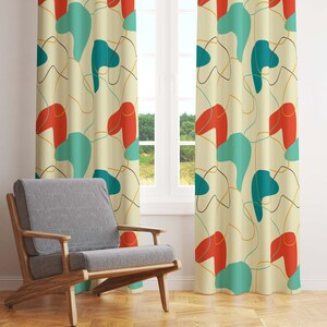 Mid Century Modern Geometric Boomerangs Retro Window Curtains in Cream, Burnt Orange, and Teal. Blackout Or Sheer For Atomic Age Home Decor
