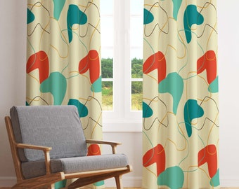 Mid Century Modern Geometric Boomerangs Retro Window Curtains in Cream, Burnt Orange, and Teal. Blackout Or Sheer For Atomic Age Home Decor