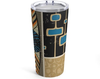 Stainless Steel Hawaiian Tiki Idol Tropical Pattern Mid Century 20oz Insulated Tumbler | Wrap-Around Design, Double Wall, Clear Snap Lid