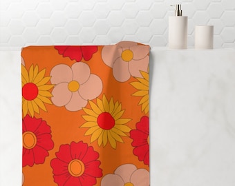 Funky Orange Mod Daisies Polyester and Absorbent Cotton 30x60 Bath or Beach Towel for 60s & 70s Retro or Boho Bathroom Decor