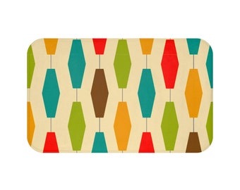 Teal, Mustard, Brown, Orange Lanterns Mid Century Modern Absorbent Microfiber Bath Mat Two Sizes for 50s 60s Retro Atomic Age Bathroom Decor