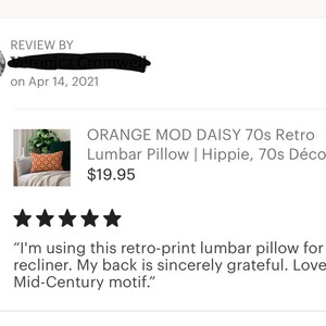 May include: Orange and brown lumbar pillow with a retro daisy print. The pillow is on a beige throw blanket and a wooden chair. The text "ORANGE MOD DAISY 70s Retro Lumbar Pillow | Hippie, 70s D&eacute;cor, $19.95" is visible in the image.