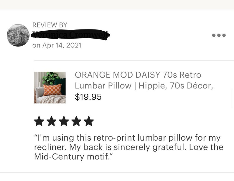 May include: Orange and brown lumbar pillow with a retro daisy print. The pillow is on a beige throw blanket and a wooden chair. The text "ORANGE MOD DAISY 70s Retro Lumbar Pillow | Hippie, 70s D&eacute;cor, $19.95" is visible in the image.