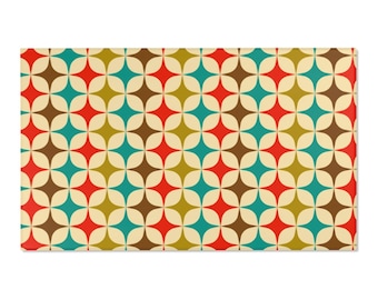 Atomic Retro Area Rug for Living Room, Bedroom, Kitchen. Teal, Brown, Orange & Green Mid Century Modern Stars. Eames Inspired 1950s Decor