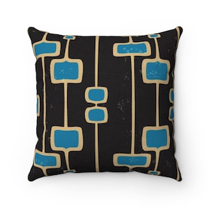 Black Abstract Squares Mid Century Throw Pillow | Square, 2-Sided, Zipper, Modern, Decorative Pillow, 1950s, Tiki, Retro Pillow