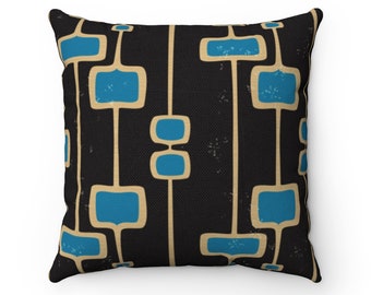 Black Abstract Squares Mid Century Throw Pillow | Square, 2-Sided, Zipper, Modern, Decorative Pillow, 1950s, Tiki, Retro Pillow
