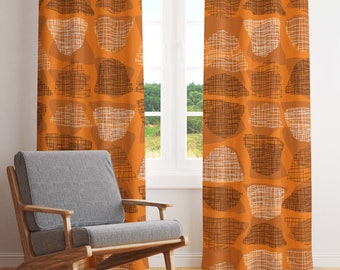 Mid Century Modern Black & White Abstract Wedges On Orange Retro Window Curtains In Blackout Or Sheer For Atomic Age Home Decor