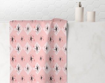 Pink Diamond Starburst Mid Century Modern Polyester & Absorbent Cotton 30x60 Bath Towel for 50s or 60s Retro Atomic Age Bathroom Decor