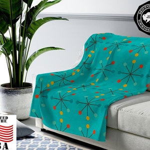 Teal ATOMIC STARBURST Velveteen Lightweight Throw Blanket, Mid Century Modern, MCM, Modernist, Mid Century Modern Décor, Eames, Green