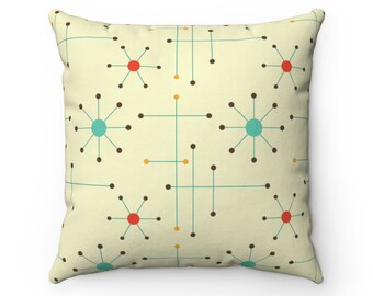 Retro Atomic Clock and Starburst Mid Century Modern Square Throw Pillow | 2-Sided Design, Modernist, Decorative Pillow, 1950s