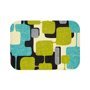 Lime & Teal Green Abstract Mid Century Modern Absorbent Microfiber Bath Mat in Two Sizes for 60s or 70s Retro or Boho Bathroom Decor