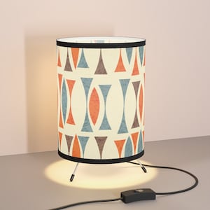 Slate, Brown, and Orange Abstract Mid Century Modern Tripod Table Lamp. Wrap-Around Shade & Switch. For Living Room, Bedroom, Home Office
