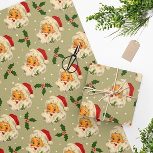 Retro Mid Century 1950s Smiling Santa Claus with Holiday Holly Christmas Wrapping Paper. Two Sizes to Choose From.
