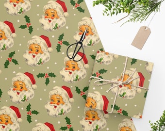 Retro Mid Century 1950s Smiling Santa Claus with Holiday Holly Christmas Wrapping Paper. Two Sizes to Choose From.