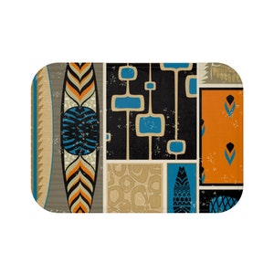 May include: A geometric patterned rug with a mix of orange, blue, black, and brown colors. The rug has a vintage mid-century modern style.