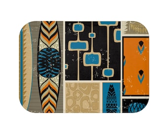 Hawaiian Tiki Idol Tropical Pattern Mid Century Modern Absorbent Microfiber Bath Mat in Two Sizes for 50s or 60s Retro Island Bathroom Decor