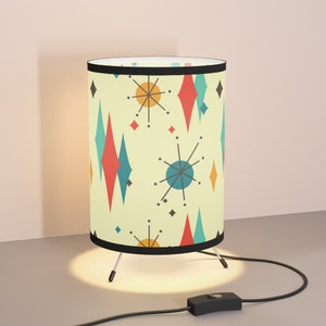 Atomic Starbursts and Diamonds Mid Century Modern Tripod Table Lamp with Wrap-Around Shade & Switch. For Living Room, Bedroom, Home Office