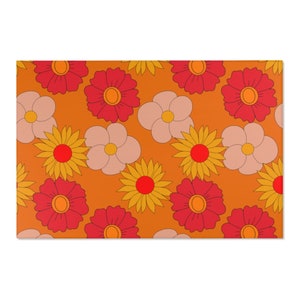 70s Funky Orange Daisies Retro Area Rug for Living Room Bedroom Kitchen, Pink, Yellow, Orange, Groovy 60s Décor, Mod 1970s Décor