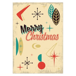 Blank Inside 10-Pack Retro 1950s Ornaments Boomerangs And Atomic Starbursts Christmas Card. Pre-Folded 5x7 Cards With White Envelopes.