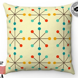 Atomic Clock Starburst 1950s Mid Century Modern Square Spun Polyester Retro Throw Pillow great for Bedroom, Living Room, Apartment Decor