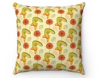 Mid Century Fall Boomerangs Throw Pillow | Square, 2-Sided, Zipper, Modern, Atomic Starburst, 1950s, Abstract, Mustard, Burnt Orange, Olive