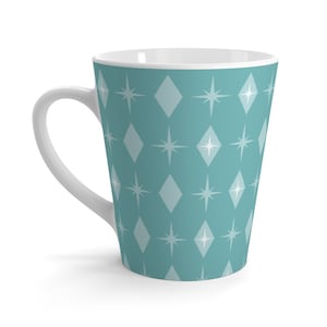 Mid Century Modern Atomic Starburst and Diamonds on Teal 12oz Latte Cup. Retro Ceramic Tea or Coffee Mug for Vintage 50s 60s Kitchen Decor.