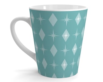 Mid Century Modern Atomic Starburst and Diamonds on Teal 12oz Latte Cup. Retro Ceramic Tea or Coffee Mug for Vintage 50s 60s Kitchen Decor.