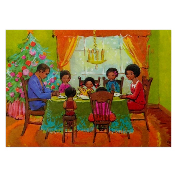 Blank Inside 10-Pack Mid Century African American Family At Dinner With Holiday Tree Christmas Cards. Pre-Folded With Envelopes.