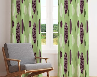 Mid Century Modern Abstract Leaves Window Curtains in Olive Green, Wine Berry, and Ecru White. Blackout or Sheer for Atomic Age Home Decor