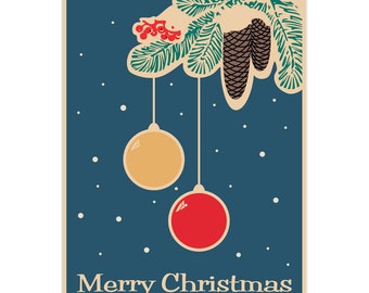 Könnte beinhalten: Eine Weihnachtskarte im Vintage-Stil mit dunkelblauem Hintergrund und weißen Schneeflocken. Die Karte zeigt einen Zweig mit Kiefernnadeln, roten Beeren und zwei Tannenzapfen. Zwei hängende Kugeln, eine goldene und eine rote, sind darunter aufgehängt. Die Worte "Merry Christmas" stehen unten.