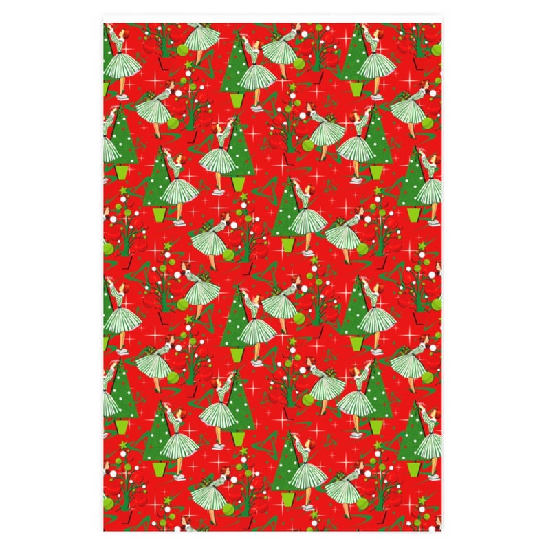 Atomic Holiday Tree Decorating with Starbursts on Red Mid Century Modern Square Christmas Wrapping Paper. 1950s 60s Xmas Decor image 2