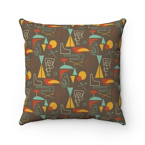 50s Brown Geometric Square Retro Throw Pillow | Teal, Mustard Yellow, Brown, Mid Century Modern, Decorative Pillow, Couch Cushion