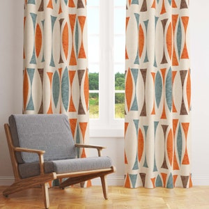 Mid Century Retro Tribal Abstract Window Curtains in Burnt Orange, Cool Grey, & Antique White. Blackout or Sheer for Atomic Age Home Decor