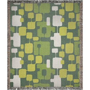 May include: A woven throw blanket with a geometric pattern in shades of green and white. The pattern features squares and rectangles of various sizes.