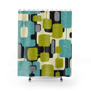 Lime & Teal Green Abstract Mid Century Modern 71x74 Shower Curtain in Durable Polyester for 50s or 60s Retro Atomic Age Bathroom Decor