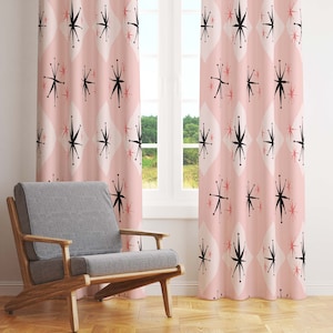 Mid Century Modern Coral Pink Diamond And Starburst Retro Window Curtains In Blackout Or Sheer For Atomic Age Home Decor