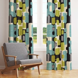 Mid Century Modern Abstract Blocks in Lime and Teal on Black & White Curtains. Blackout or Sheer for Atomic Age Living Room Bedroom Office