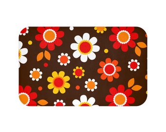 Funky Orange Mod Daisies Absorbent Microfiber Bath Mat in Two Sizes for 60s & 70s Retro or Boho Bathroom Decor