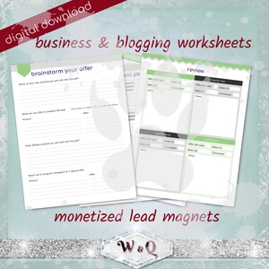 Puede incluir: Un conjunto de hojas de trabajo imprimibles para negocios y blogs. Las hojas de trabajo est&aacute;n dise&ntilde;adas para ayudar a generar ideas para ofertas, revisar los imanes de clientes potenciales y realizar un seguimiento de las ventas y las conversiones. Las hojas de trabajo presentan un esquema de color verde y blanco con dise&ntilde;os de huellas de patas.