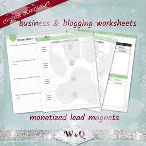 Puede incluir: Un conjunto de hojas de trabajo imprimibles para negocios y blogs. Las hojas de trabajo est&aacute;n dise&ntilde;adas para ayudarte a generar ideas para tu oferta, planificar el contenido de tus correos electr&oacute;nicos y crear un embudo de ventas. Las hojas de trabajo est&aacute;n en un esquema de color verde y blanco y presentan un dise&ntilde;o de huella de pata.