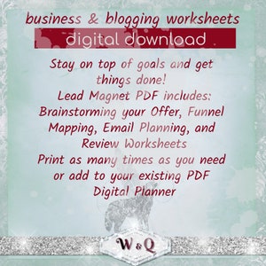 Puede incluir: Una descarga digital de hojas de trabajo para negocios y blogs. El texto dice "&iexcl;Mantente al tanto de tus objetivos y haz las cosas! El PDF Lead Magnet incluye: Lluvia de ideas de tu oferta, mapeo de embudo, planificaci&oacute;n de correo electr&oacute;nico y hojas de trabajo de revisi&oacute;n. Imprime tantas veces como necesites o agr&eacute;galas a tu planificador digital PDF existente. W&Q"