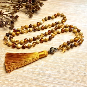 Ochre brown long tassel necklace. Boho jewellery