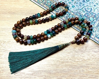 Agate and rosewood tasbih, 99 bead. Eid gift, Prayer beads, Worry beads, Spiritual gift, Misbaha, Indian Agate, Rosary