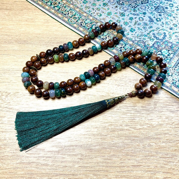 Agate and rosewood tasbih, 99 bead. Eid gift, Prayer beads, Worry beads, Spiritual gift, Misbaha, Indian Agate, Rosary